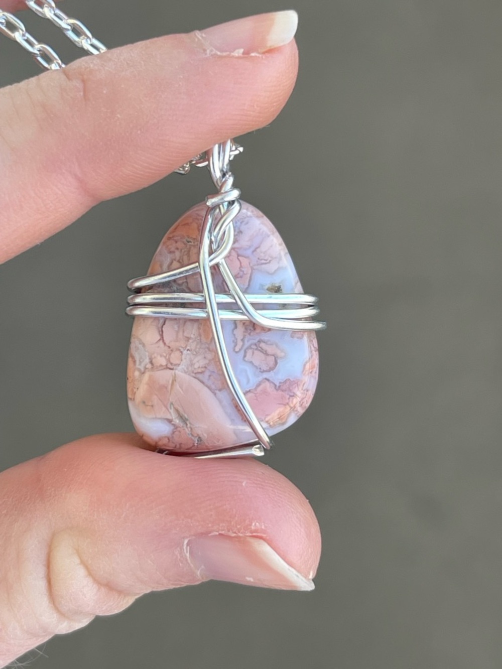Cotton Candy Agate Wire Wrap Necklace on Silver Tone Chain - Picture 5 of 6